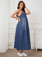 فستان جينز طويل كاجوال ذا حمالات رفيعة بسيطة للحمل - Pink&blue