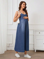 فستان جينز طويل كاجوال ذا حمالات رفيعة بسيطة للحمل - Pink&blue