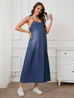 فستان جينز طويل كاجوال ذا حمالات رفيعة بسيطة للحمل - Pink&blue