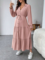 فستان قميص متموج الذيل مع أزرار وحزام للسيدات الحوامل - Pink&blue