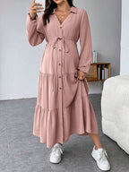 فستان قميص متموج الذيل مع أزرار وحزام للسيدات الحوامل - Pink&blue
