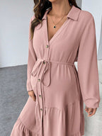 فستان قميص متموج الذيل مع أزرار وحزام للسيدات الحوامل - Pink&blue