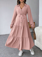 فستان قميص متموج الذيل مع أزرار وحزام للسيدات الحوامل - Pink&blue