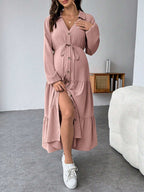 فستان قميص متموج الذيل مع أزرار وحزام للسيدات الحوامل - Pink&blue