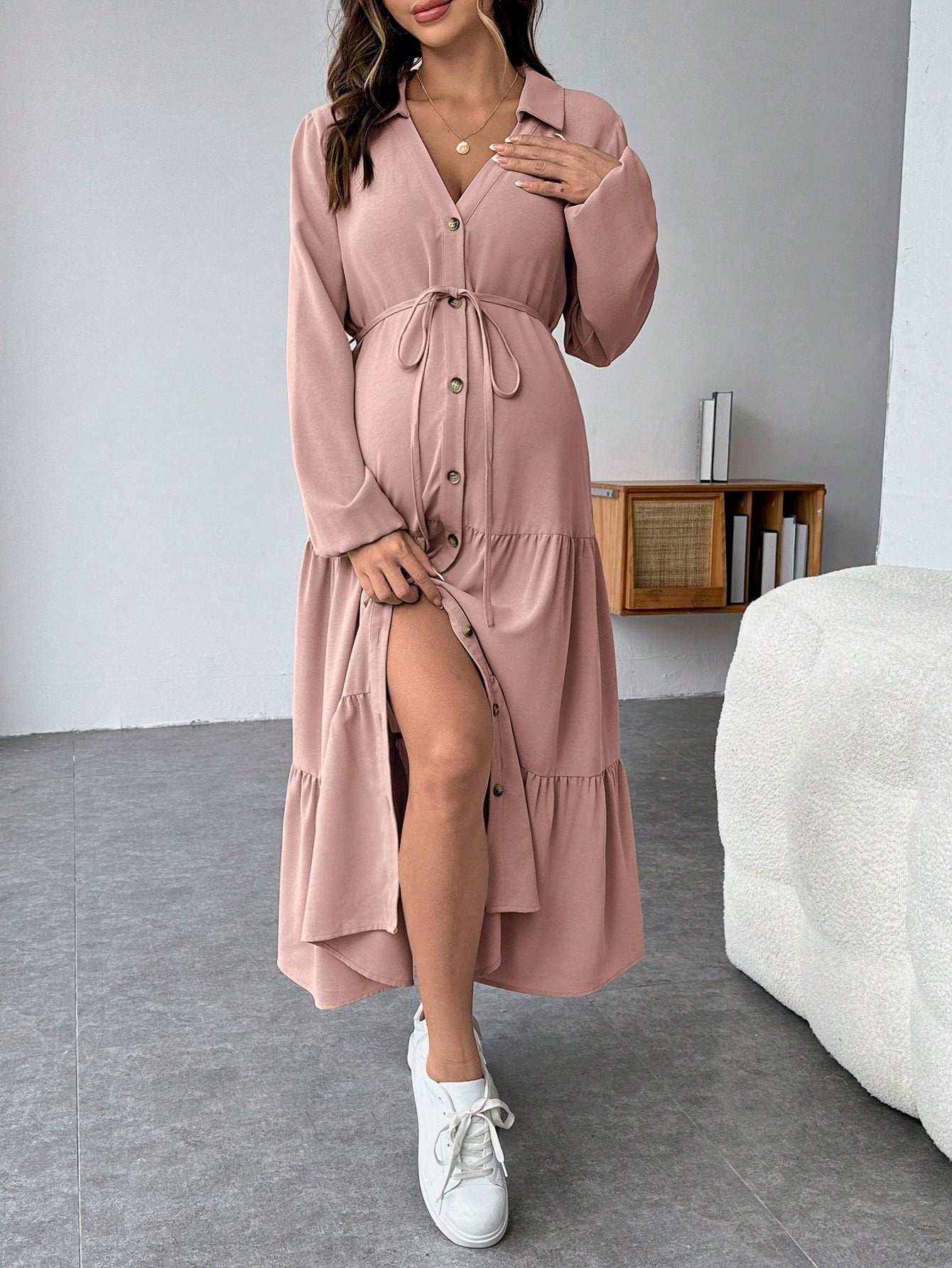 فستان قميص متموج الذيل مع أزرار وحزام للسيدات الحوامل - Pink&blue