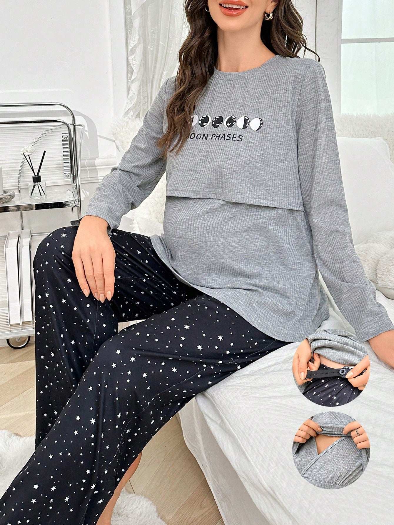 طقم بيجامة من ملابس علوية كم طويل وبنطال طباعة المجرة للرضاعة، ملابس خريفية - Pink&blue