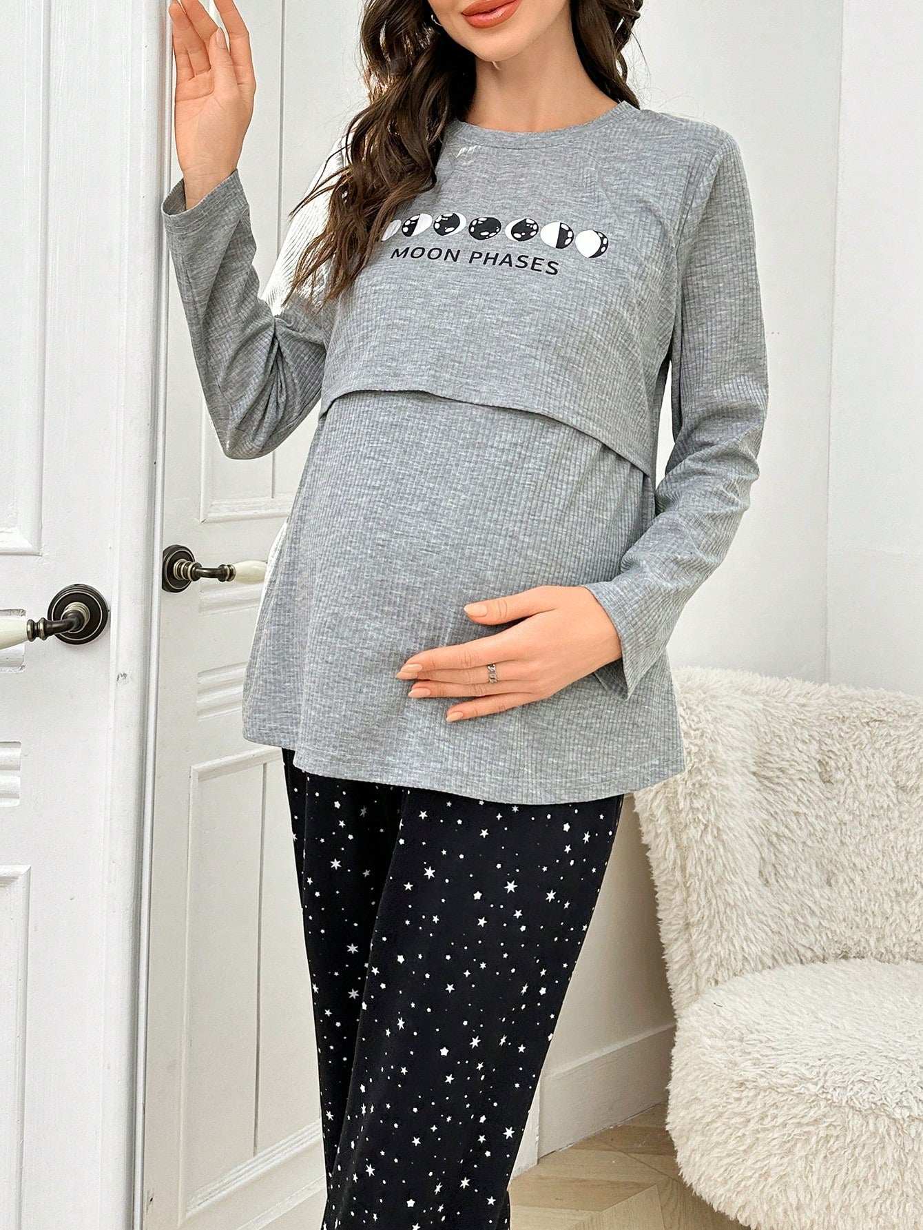 طقم بيجامة من ملابس علوية كم طويل وبنطال طباعة المجرة للرضاعة، ملابس خريفية - Pink&blue