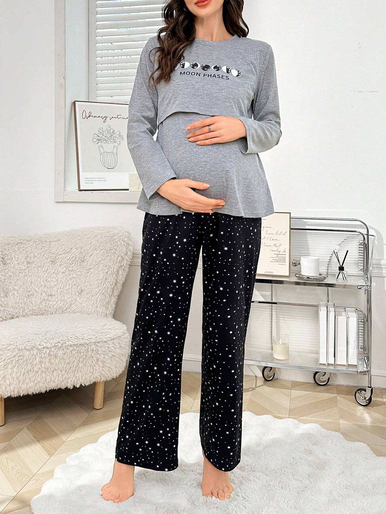 طقم بيجامة من ملابس علوية كم طويل وبنطال طباعة المجرة للرضاعة، ملابس خريفية - Pink&blue