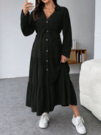 فستان قميص فضفاض لذوات الحمل، مع أزرار أمامية وكشكشة في الذيل ومنطقة الحزام - Pink&blue