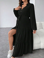 فستان قميص فضفاض لذوات الحمل، مع أزرار أمامية وكشكشة في الذيل ومنطقة الحزام - Pink&blue