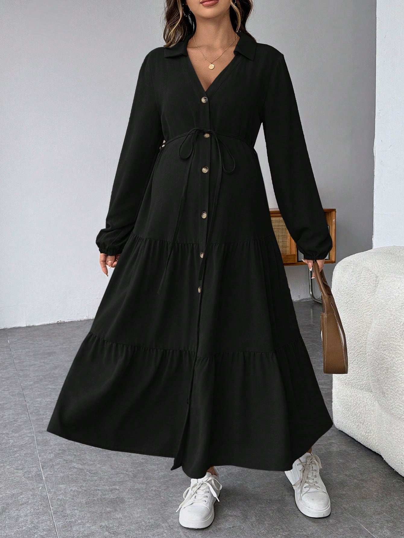 فستان قميص فضفاض لذوات الحمل، مع أزرار أمامية وكشكشة في الذيل ومنطقة الحزام - Pink&blue