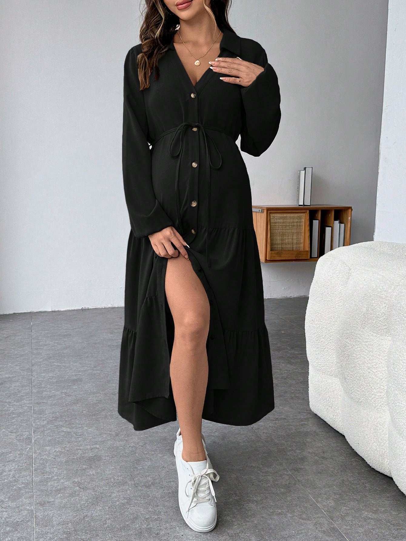 فستان قميص فضفاض لذوات الحمل، مع أزرار أمامية وكشكشة في الذيل ومنطقة الحزام - Pink&blue