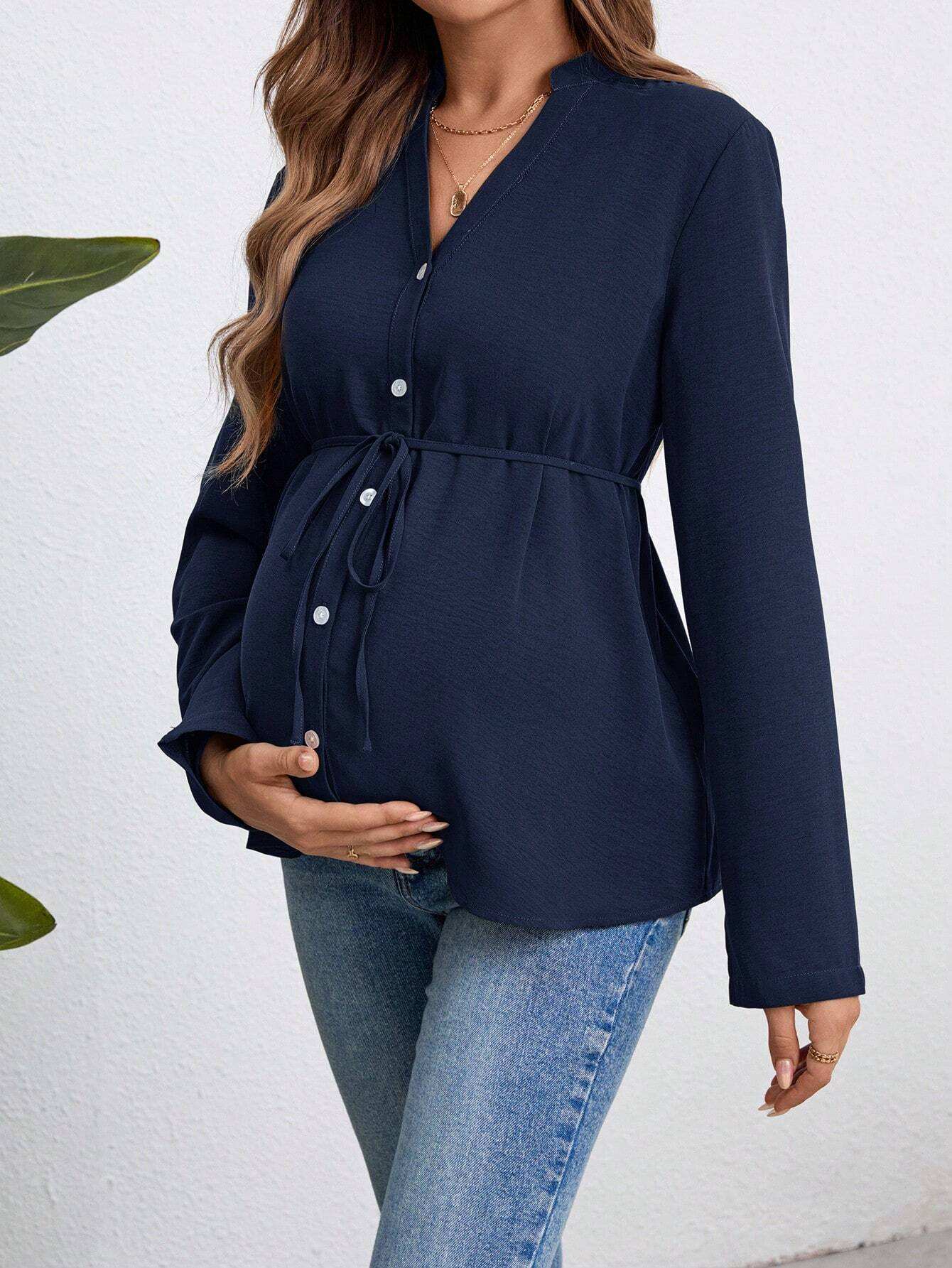 قميص نسائي للحمل طويل الأكمام، بلوزة عسكرية خضراء مزودة بأزرار - Pink&blue