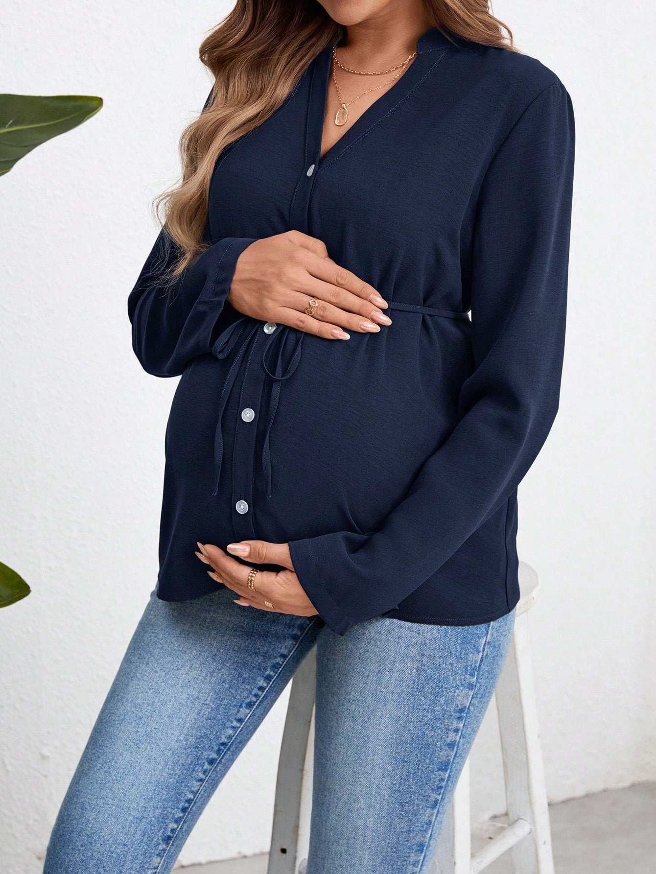 قميص نسائي للحمل طويل الأكمام، بلوزة عسكرية خضراء مزودة بأزرار - Pink&blue