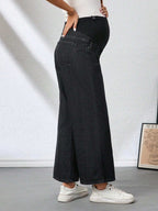 بنطلون جينز نسائي للحمل فضفاض ذو قدم واسعة قابل للتعديل على الخصر، قطعة رياضية متنوعة الاستخدامات - Pink&blue