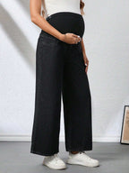 بنطلون جينز نسائي للحمل فضفاض ذو قدم واسعة قابل للتعديل على الخصر، قطعة رياضية متنوعة الاستخدامات - Pink&blue