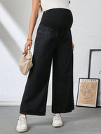 بنطلون جينز نسائي للحمل فضفاض ذو قدم واسعة قابل للتعديل على الخصر، قطعة رياضية متنوعة الاستخدامات - Pink&blue