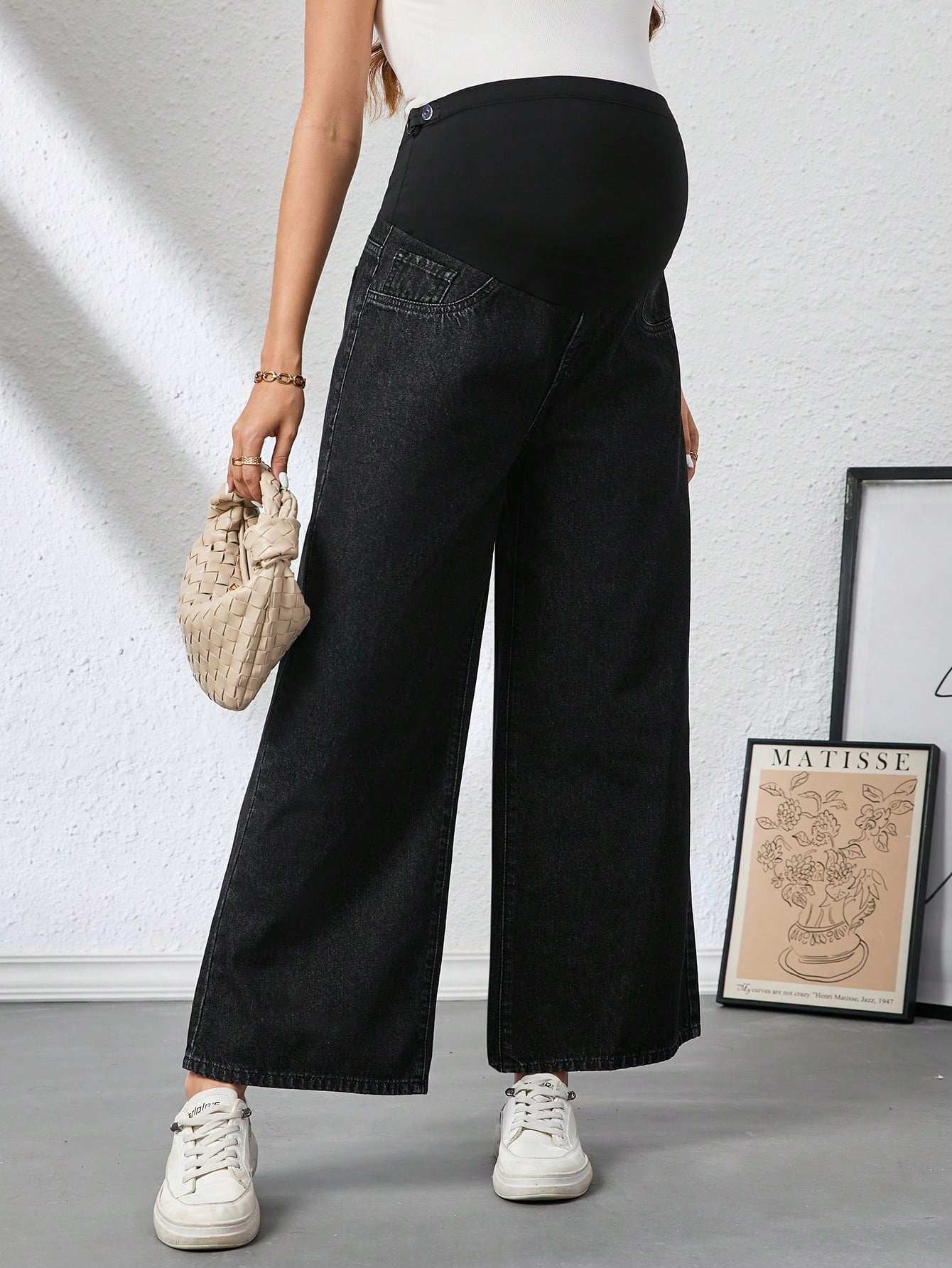 بنطلون جينز نسائي للحمل فضفاض ذو قدم واسعة قابل للتعديل على الخصر، قطعة رياضية متنوعة الاستخدامات - Pink&blue