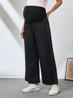 بنطلون جينز نسائي للحمل فضفاض ذو قدم واسعة قابل للتعديل على الخصر، قطعة رياضية متنوعة الاستخدامات - Pink&blue