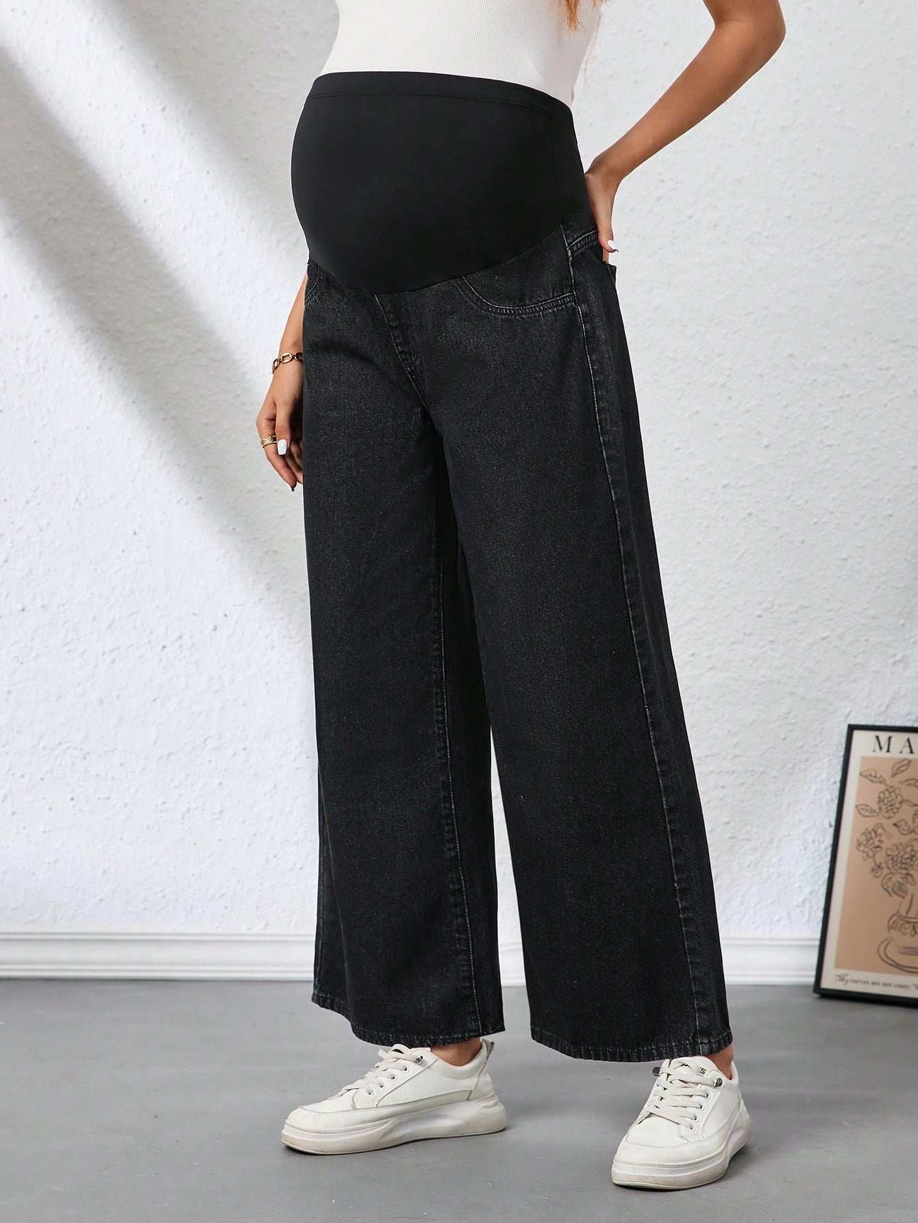 بنطلون جينز نسائي للحمل فضفاض ذو قدم واسعة قابل للتعديل على الخصر، قطعة رياضية متنوعة الاستخدامات - Pink&blue