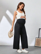 بنطلون جينز نسائي للحمل فضفاض ذو قدم واسعة قابل للتعديل على الخصر، قطعة رياضية متنوعة الاستخدامات - Pink&blue