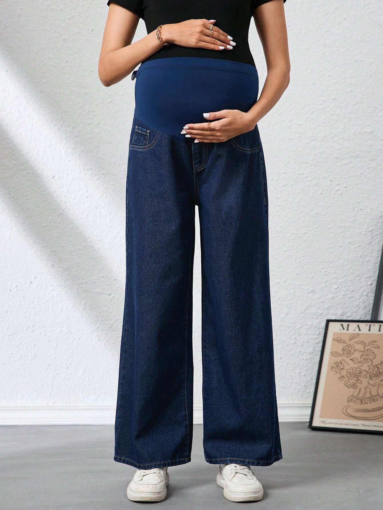 بنطلون جينز للحوامل فضفاض قابل للتعديل في الخصر، عريض الساق، كاجول - Pink&blue