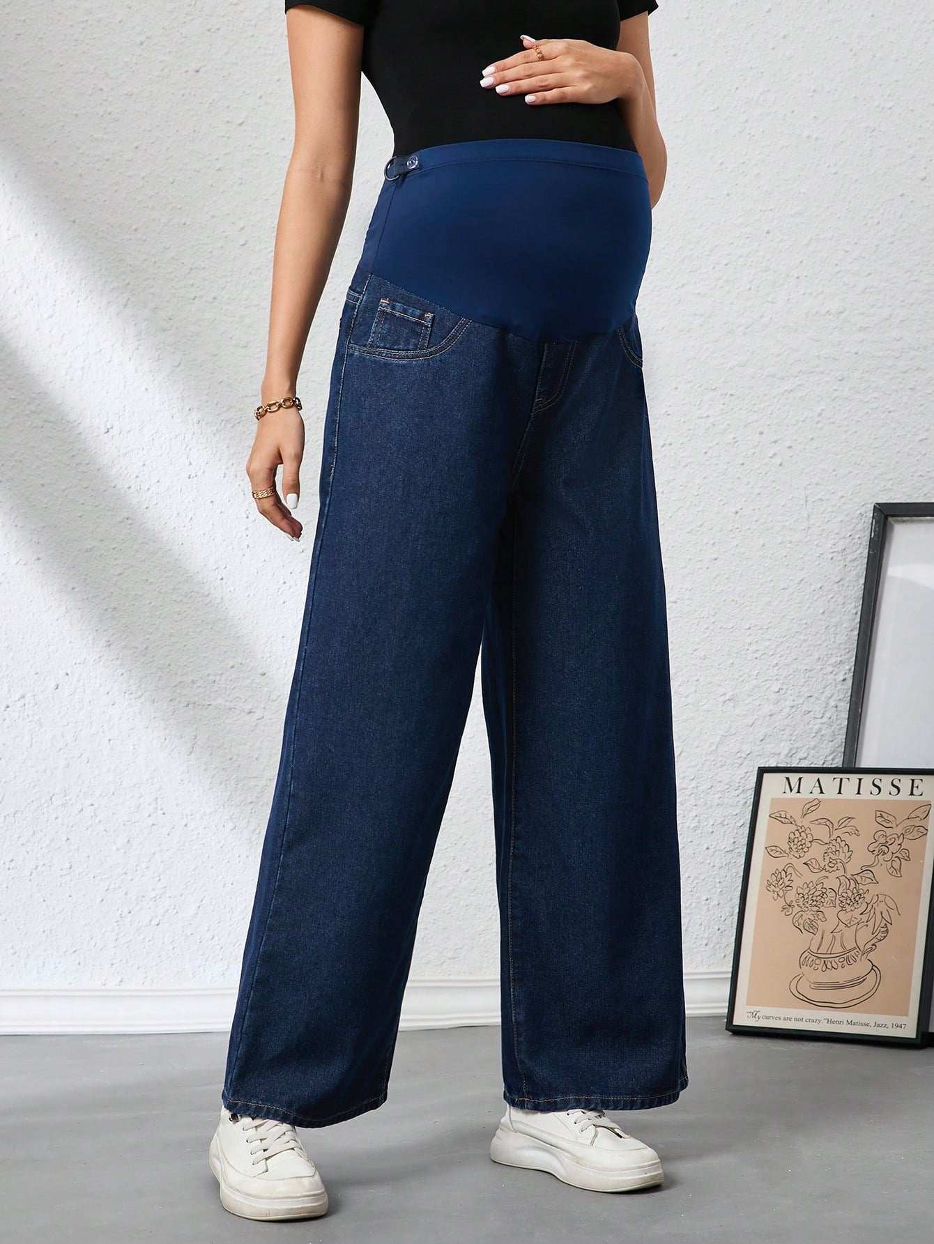 بنطلون جينز للحوامل فضفاض قابل للتعديل في الخصر، عريض الساق، كاجول - Pink&blue