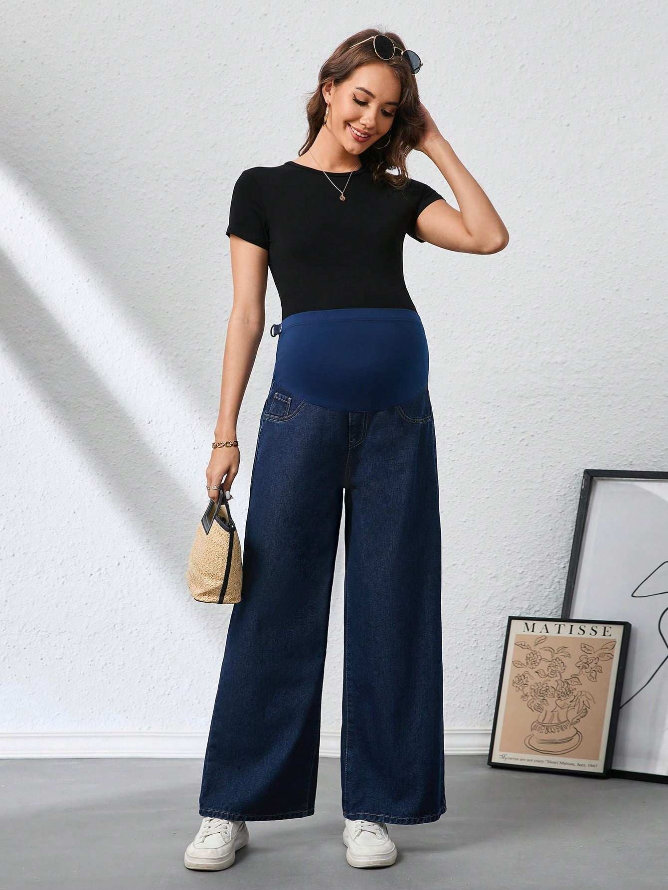 بنطلون جينز للحوامل فضفاض قابل للتعديل في الخصر، عريض الساق، كاجول - Pink&blue