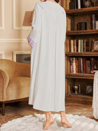 قميص نوم للحوامل بتصميم فضفاض، طباعة الدانتيل المجعد، تصميم الرقبة على شكل V، أكمام طويلة، بألوان متباينة - Pink&blue