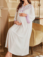 لون متباين مكشكش طباعة الدانتيل مرقع رقعة على شكل V كم طويل فضفاض قميص نوم الأمومة - Pink&blue