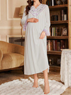 لون متباين مكشكش طباعة الدانتيل مرقع رقعة على شكل V كم طويل فضفاض قميص نوم الأمومة - Pink&blue