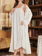 طقم ملابس نوم مطرز على الطراز القديم لفترة العطلات والإجازات للنساء - Pink&blue