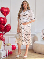 فستان حمل أنيق بياقة على شكل حرف V وذيل منموس وأكمام قصيرة منتفخة مطبوع عليه قلوب - Pink&blue