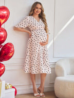 فستان حمل أنيق بياقة على شكل حرف V وذيل منموس وأكمام قصيرة منتفخة مطبوع عليه قلوب - Pink&blue