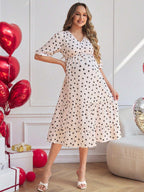 فستان حمل أنيق بياقة على شكل حرف V وذيل منموس وأكمام قصيرة منتفخة مطبوع عليه قلوب - Pink&blue