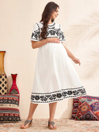 فستان عرضي للحمل مطبوع بأزهار منسوجة، فستان أبيض كاجوال للنساء - Pink&blue