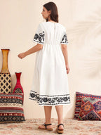 فستان عرضي للحمل مطبوع بأزهار منسوجة، فستان أبيض كاجوال للنساء - Pink&blue