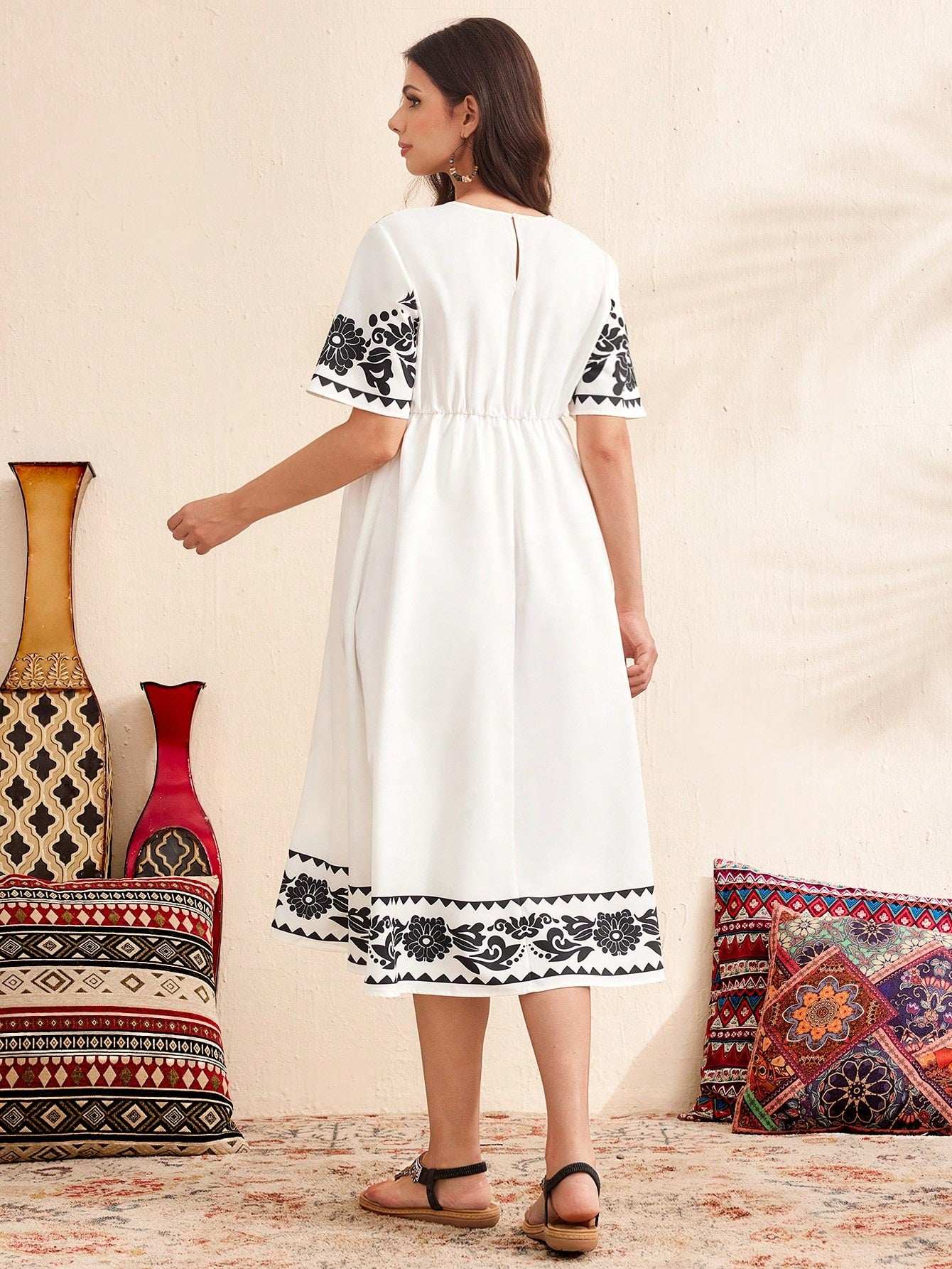 فستان عرضي للحمل مطبوع بأزهار منسوجة، فستان أبيض كاجوال للنساء - Pink&blue