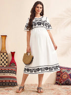 فستان عرضي للحمل مطبوع بأزهار منسوجة، فستان أبيض كاجوال للنساء - Pink&blue