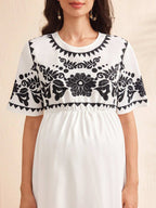 فستان عرضي للحمل مطبوع بأزهار منسوجة، فستان أبيض كاجوال للنساء - Pink&blue