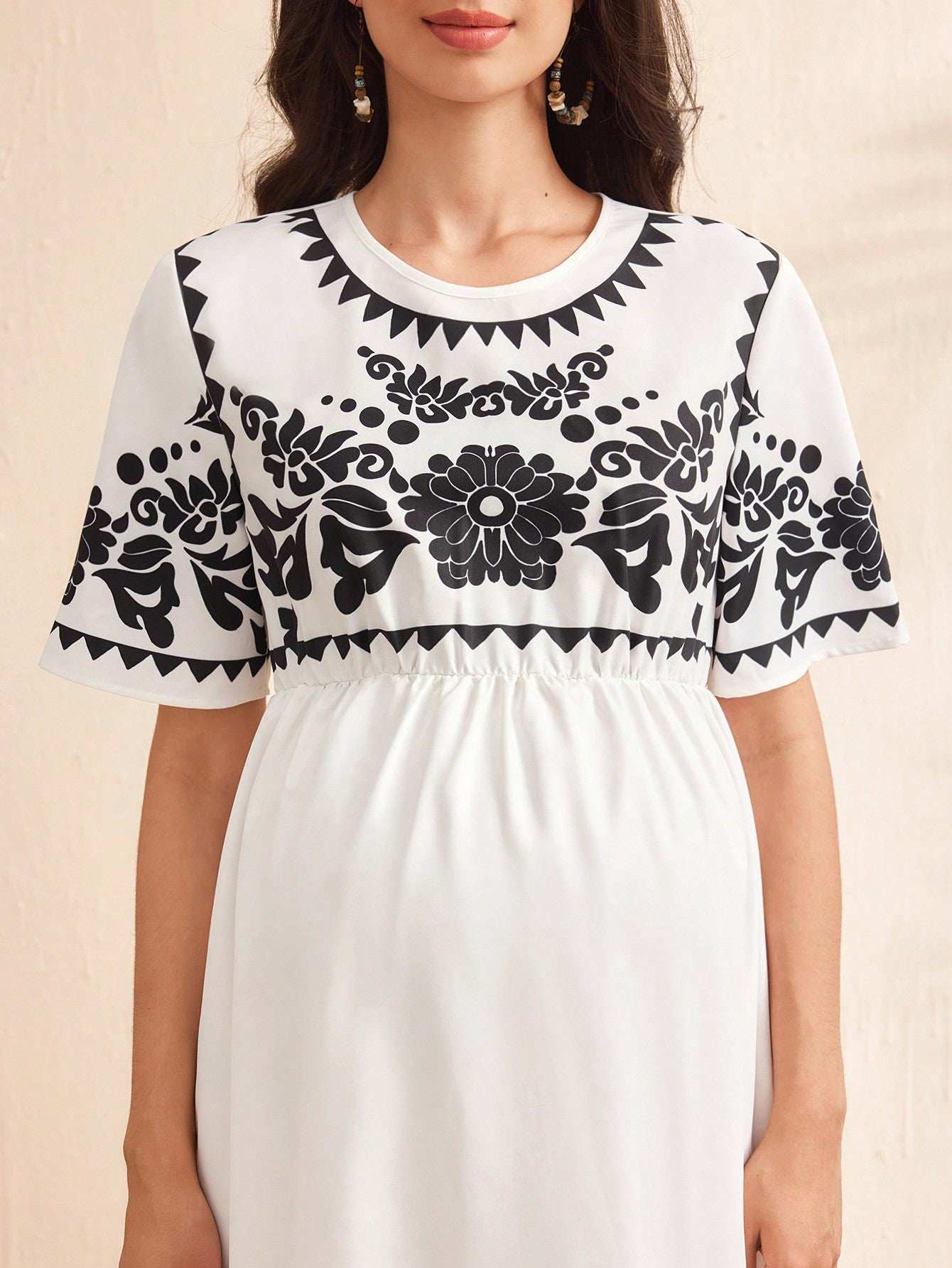 فستان عرضي للحمل مطبوع بأزهار منسوجة، فستان أبيض كاجوال للنساء - Pink&blue