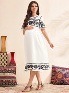 فستان عرضي للحمل مطبوع بأزهار منسوجة، فستان أبيض كاجوال للنساء - Pink&blue