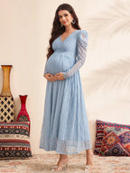 فستان أمومة بأكمام منفوخة مع رقبة على شكل حرف V، لون أزرق، فستان خريفي مزين بالدانتيل - Pink&blue