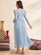 فستان أمومة بأكمام منفوخة مع رقبة على شكل حرف V، لون أزرق، فستان خريفي مزين بالدانتيل - Pink&blue