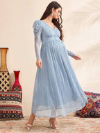 فستان أمومة بأكمام منفوخة مع رقبة على شكل حرف V، لون أزرق، فستان خريفي مزين بالدانتيل - Pink&blue