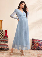 فستان أمومة بأكمام منفوخة مع رقبة على شكل حرف V، لون أزرق، فستان خريفي مزين بالدانتيل - Pink&blue