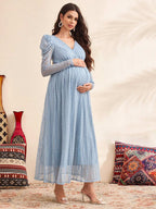 فستان أمومة بأكمام منفوخة مع رقبة على شكل حرف V، لون أزرق، فستان خريفي مزين بالدانتيل - Pink&blue