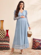 فستان أمومة بأكمام منفوخة مع رقبة على شكل حرف V، لون أزرق، فستان خريفي مزين بالدانتيل - Pink&blue