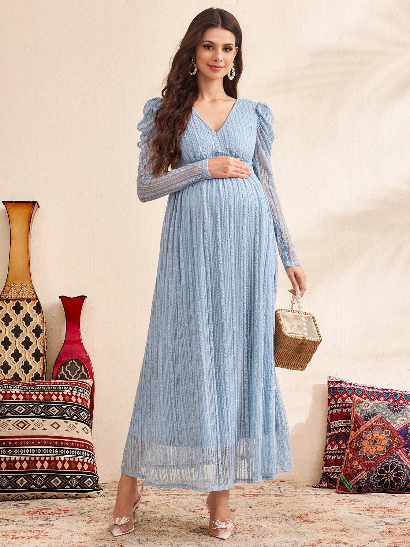 فستان أمومة بأكمام منفوخة مع رقبة على شكل حرف V، لون أزرق، فستان خريفي مزين بالدانتيل - Pink&blue