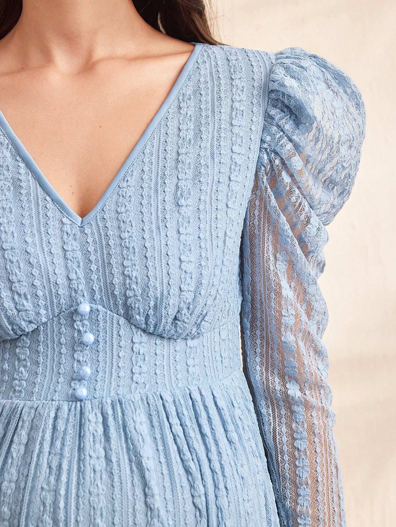 فستان أمومة بأكمام منفوخة مع رقبة على شكل حرف V، لون أزرق، فستان خريفي مزين بالدانتيل - Pink&blue